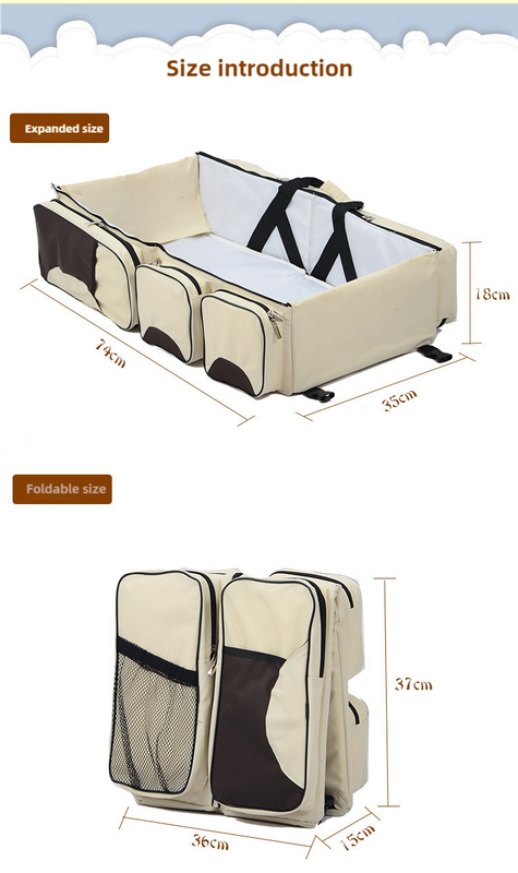 Beige-Brown Patchwork Baby Crib Mommy Bag | Foldable & Portable | Large Diaper Bag | Shoulder & Handheld Design