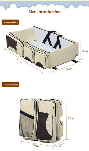 Beige-Brown Patchwork Baby Crib Mommy Bag | Foldable & Portable | Large Diaper Bag | Shoulder & Handheld Design