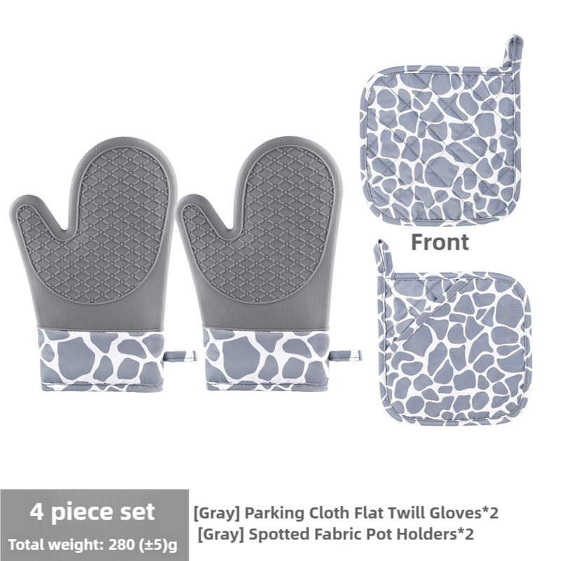 Grey 4-Piece Set High-Temperature Resistant Silicone and Cotton Oven Mitts & Pot Holders Set | Heat-Resistant, Non-Slip, Food-Grade Kitchen Gloves for Baking, Cooking, and Grilling