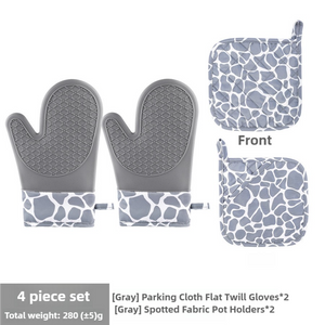 Grey 4-Piece Set High-Temperature Resistant Silicone and Cotton Oven Mitts & Pot Holders Set | Heat-Resistant, Non-Slip, Food-Grade Kitchen Gloves for Baking, Cooking, and Grilling