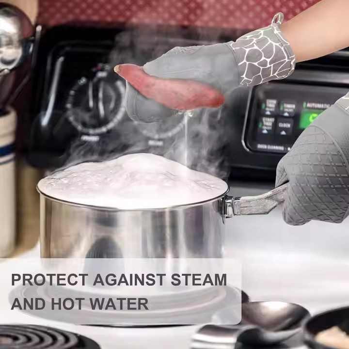 Grey 4-Piece Set High-Temperature Resistant Silicone and Cotton Oven Mitts & Pot Holders Set | Heat-Resistant, Non-Slip, Food-Grade Kitchen Gloves for Baking, Cooking, and Grilling