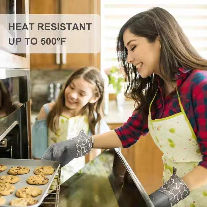 Grey 4-Piece Set High-Temperature Resistant Silicone and Cotton Oven Mitts & Pot Holders Set | Heat-Resistant, Non-Slip, Food-Grade Kitchen Gloves for Baking, Cooking, and Grilling