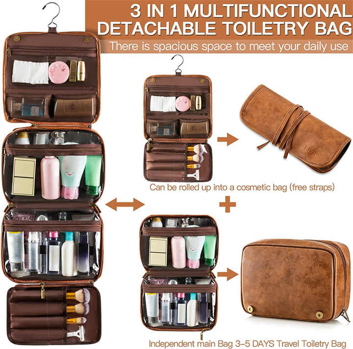 Luxury PU Travel Toiletry Bag | Yellowish Brown | Large Capacity, Waterproof, with Dividers