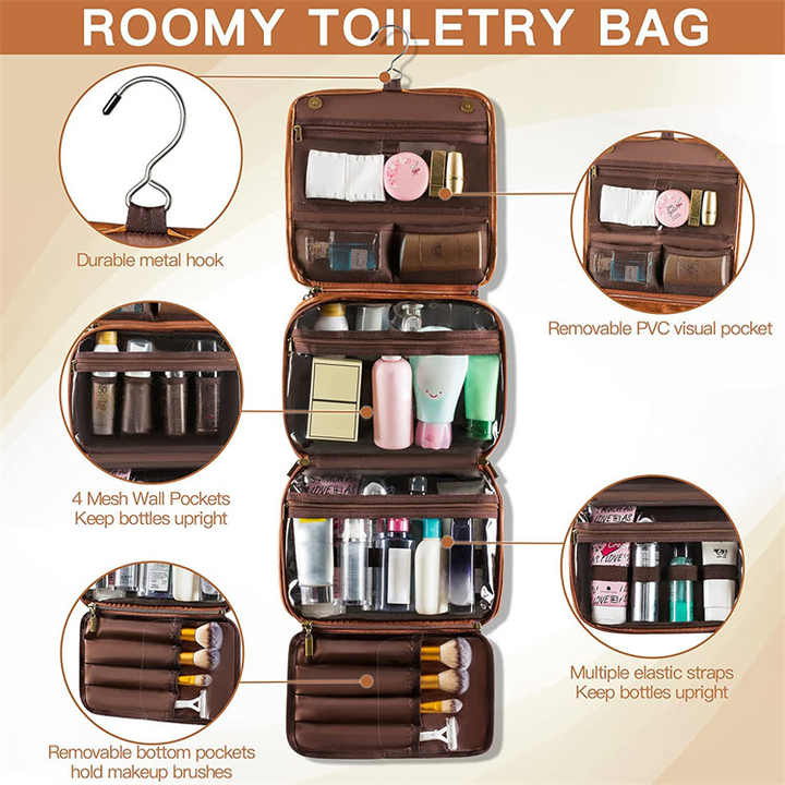 Luxury PU Travel Toiletry Bag | Yellowish Brown | Large Capacity, Waterproof, with Dividers