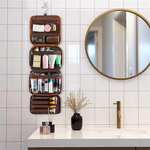 Luxury PU Travel Toiletry Bag | Yellowish Brown | Large Capacity, Waterproof, with Dividers