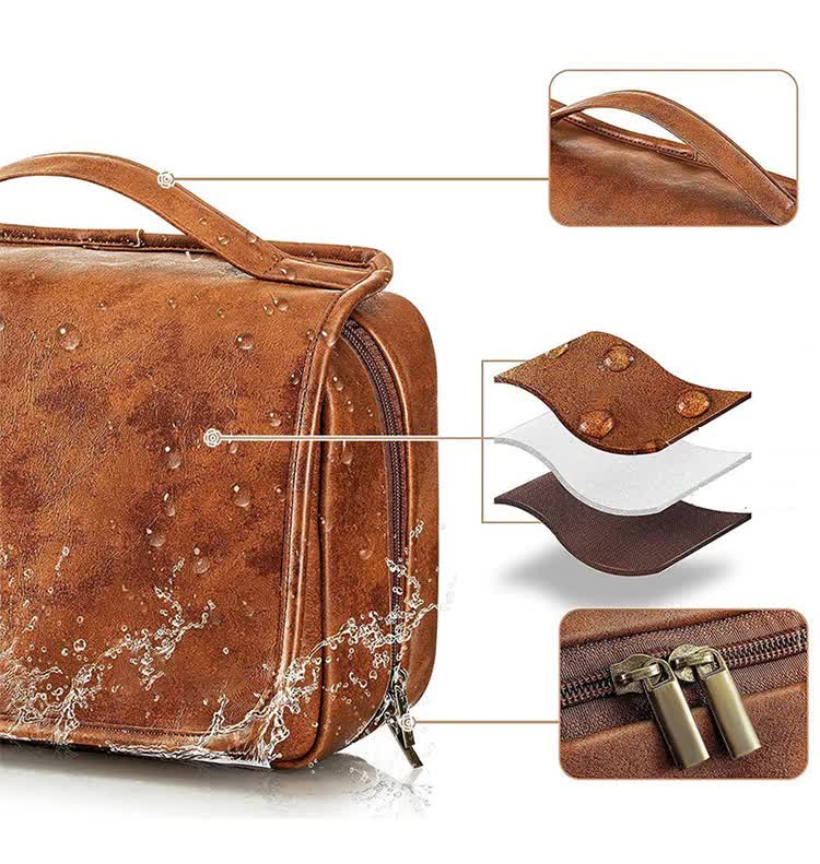 Luxury PU Travel Toiletry Bag | Yellowish Brown | Large Capacity, Waterproof, with Dividers