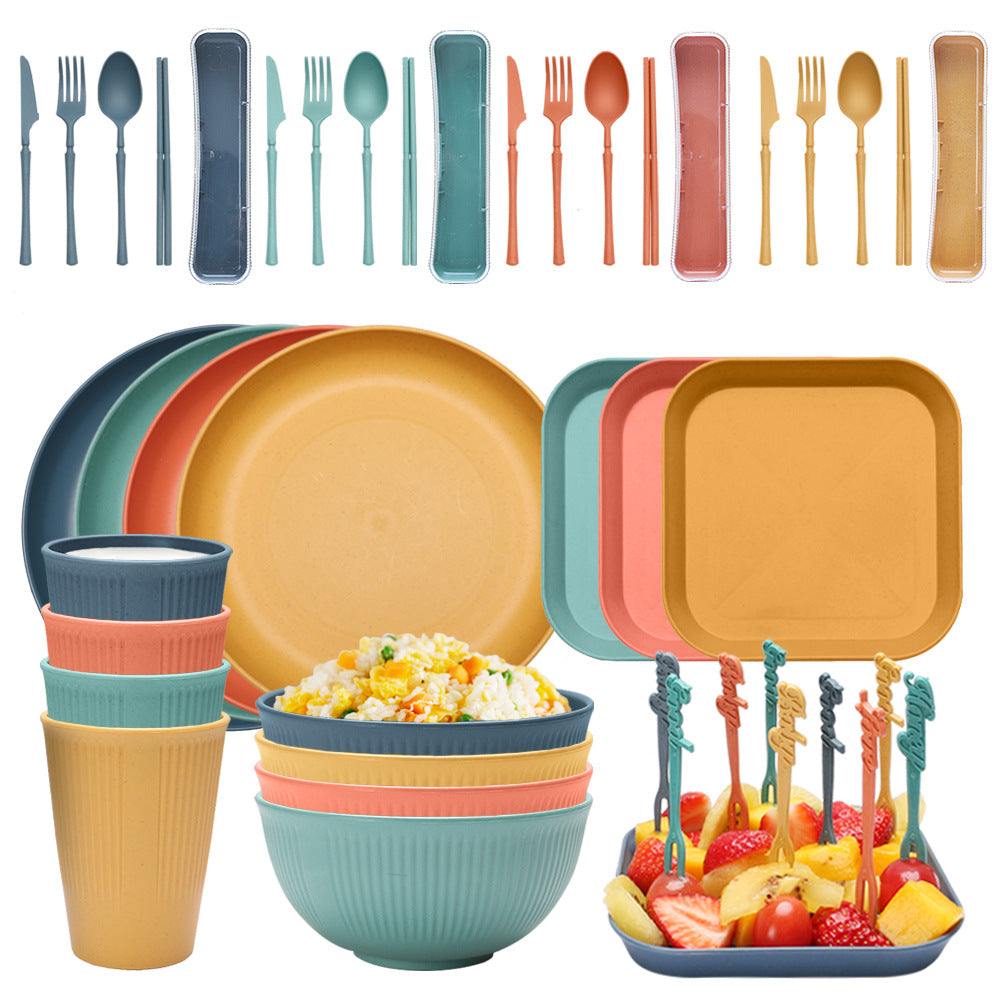 Four-person Set Multicolor Eco-Friendly Wheat Straw Dinnerware Set | Plate, Bowl, Cup & Utensil Set - Lightweight, Reusable & Durable for Home, School, and Travel