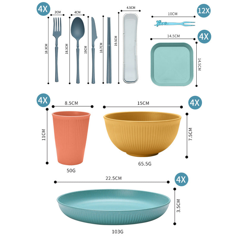 Four-person Set Multicolor Eco-Friendly Wheat Straw Dinnerware Set | Plate, Bowl, Cup & Utensil Set - Lightweight, Reusable & Durable for Home, School, and Travel
