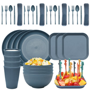 Four-person Set Gre+D3533en Eco-Friendly Wheat Straw Dinnerware Set,  Plate, Bowl, Cup & Utensil Set - Lightweight, Reusable, and Durable for Home, School, and Travel