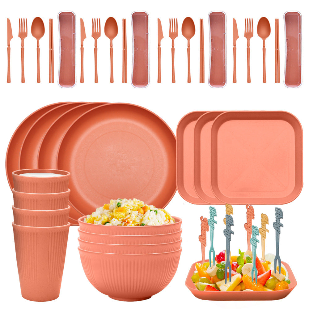 Four-Person Set Orange Eco-Friendly Wheat Straw Dinnerware Set | Plate, Bowl, Cup, & Utensil Set