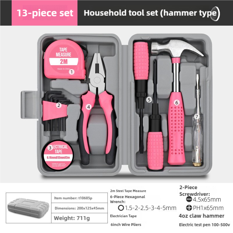 Household Tool Set | 13-Piece | Pink | Complete Home Repair Kit with Tape Measure, Screwdrivers & Pliers
