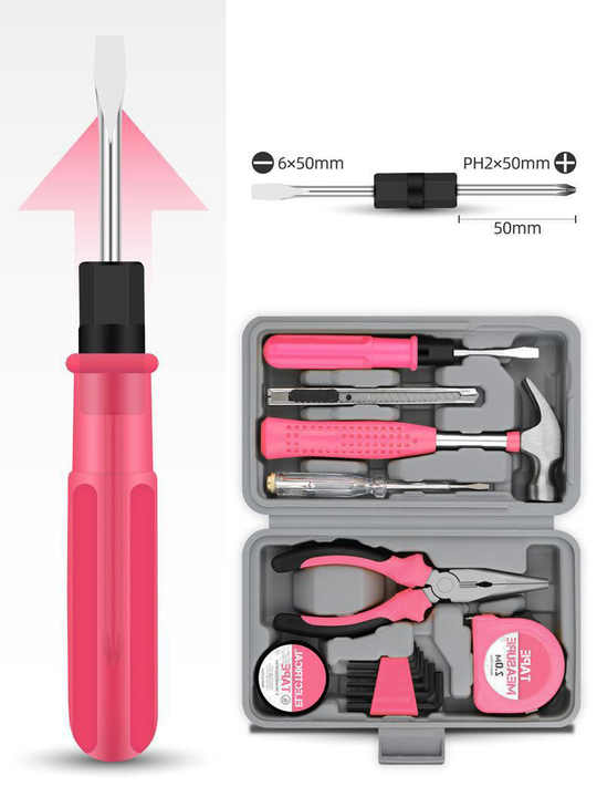Household Tool Set | 13-Piece | Pink | Complete Home Repair Kit with Tape Measure, Screwdrivers & Pliers