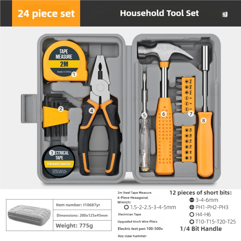 Household Tool Set | 24-Piece | Yellow | Complete Home Repair Kit with Tape Measure, Pliers & Hammer