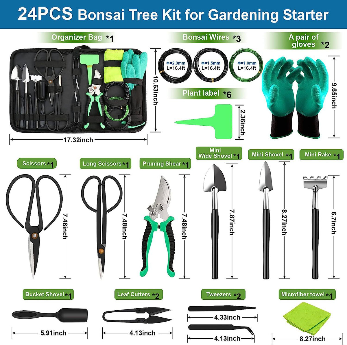 24-Piece Bonsai Tree Tool Kit | Gardening Starter Set | Complete Bonsai Care with Organizer Bag