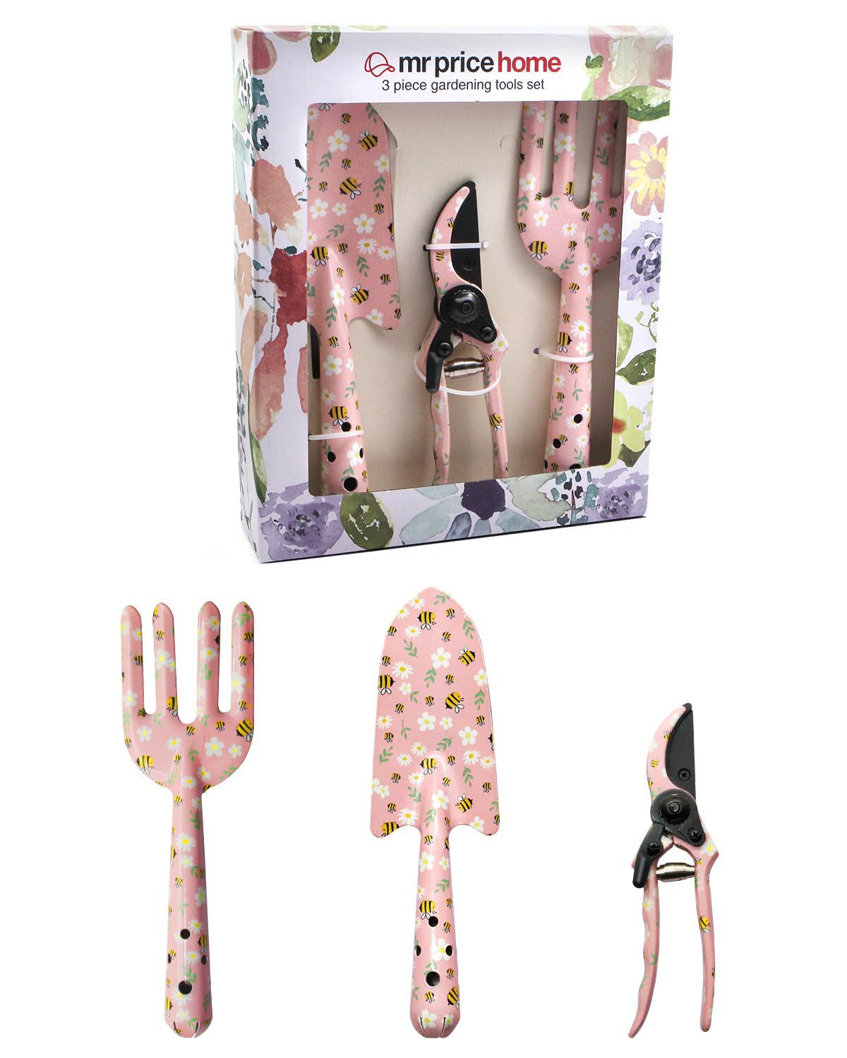 Pink 3-Piece Floral Print Garden Tool Set | Carbon Steel Pruner | Cultivator & Trowel for Gardening