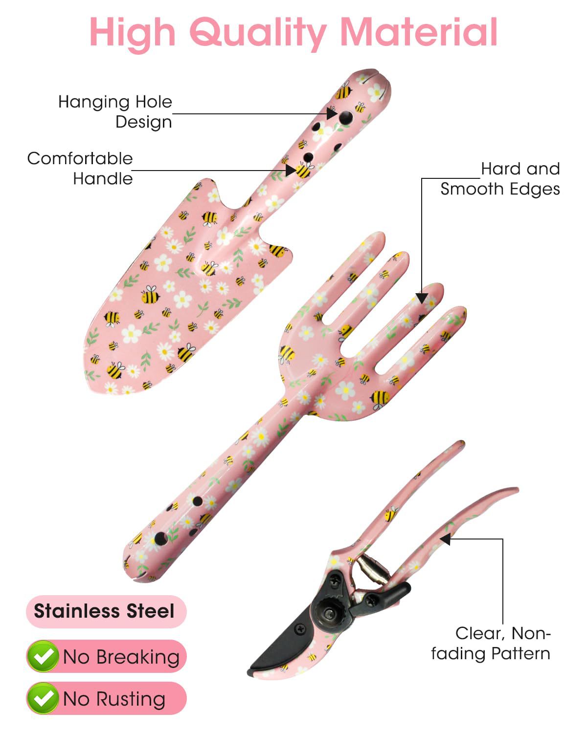 Pink 3-Piece Floral Print Garden Tool Set | Carbon Steel Pruner | Cultivator & Trowel for Gardening