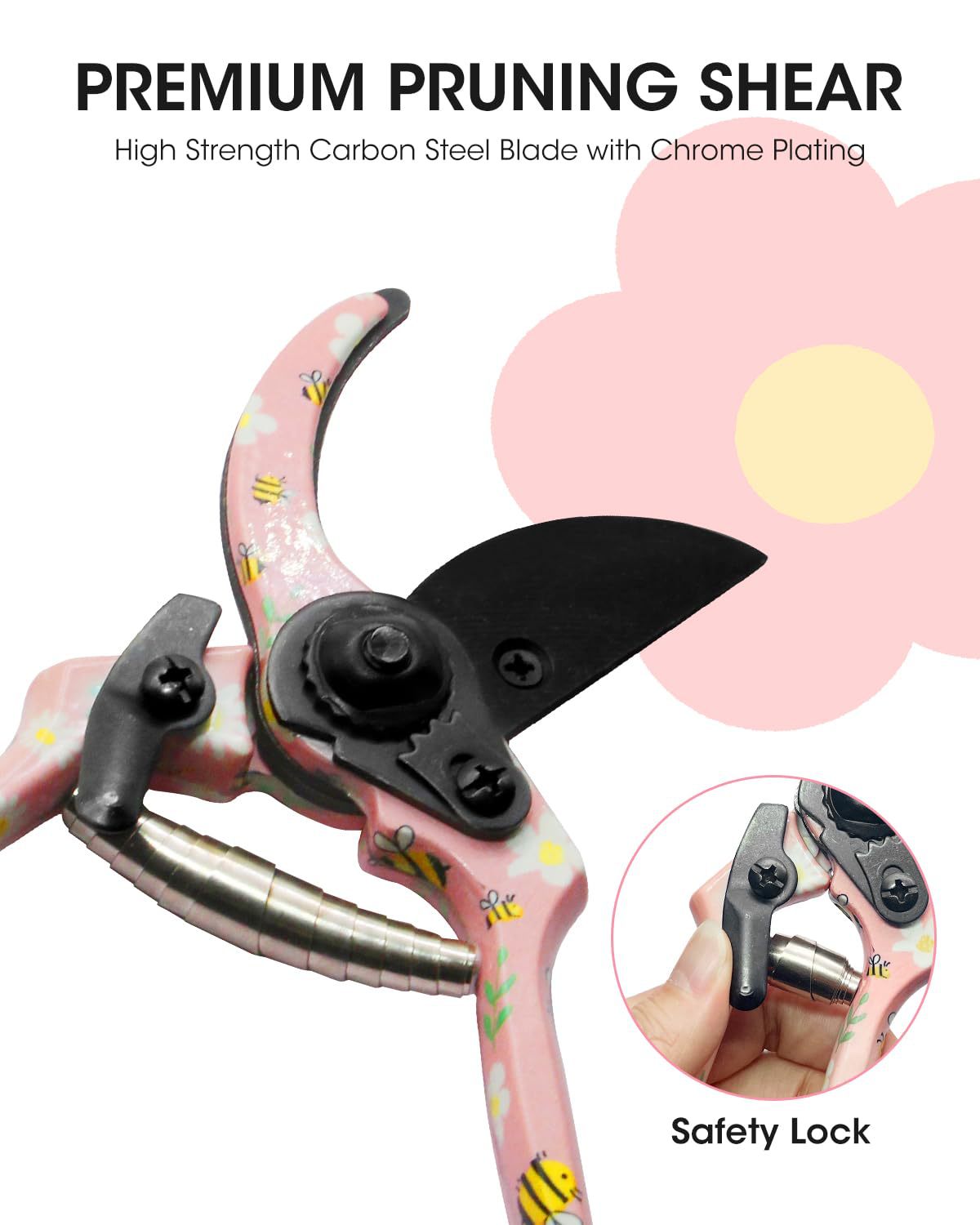 Pink 3-Piece Floral Print Garden Tool Set | Carbon Steel Pruner | Cultivator & Trowel for Gardening