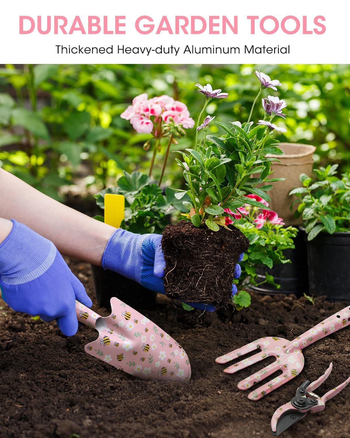 Pink 3-Piece Floral Print Garden Tool Set | Carbon Steel Pruner | Cultivator & Trowel for Gardening