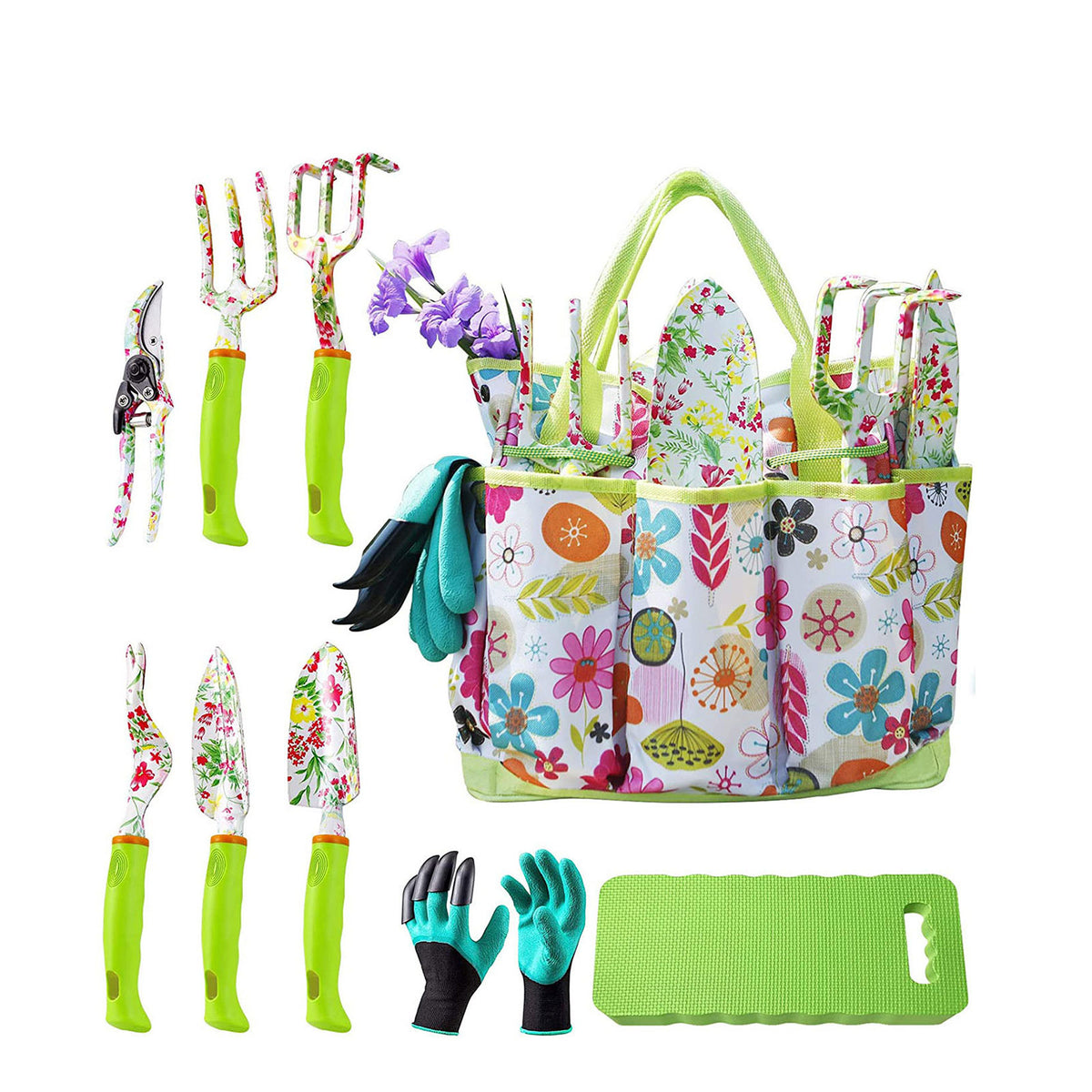 Green 9-Piece Floral Garden Tool Set | Gardening Kit with Tote Bag | Pruners & Gloves Included