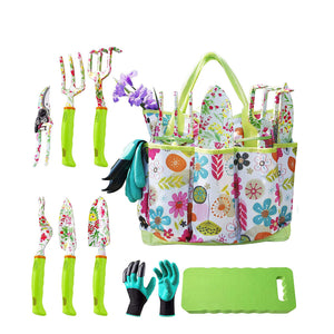 Green 9-Piece Floral Garden Tool Set | Gardening Kit with Tote Bag | Pruners & Gloves Included