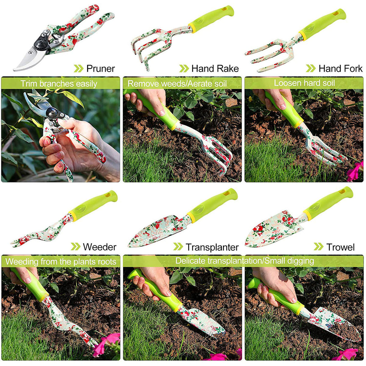 Green 9-Piece Floral Garden Tool Set | Gardening Kit with Tote Bag | Pruners & Gloves Included