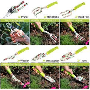 Green 9-Piece Floral Garden Tool Set | Gardening Kit with Tote Bag | Pruners & Gloves Included