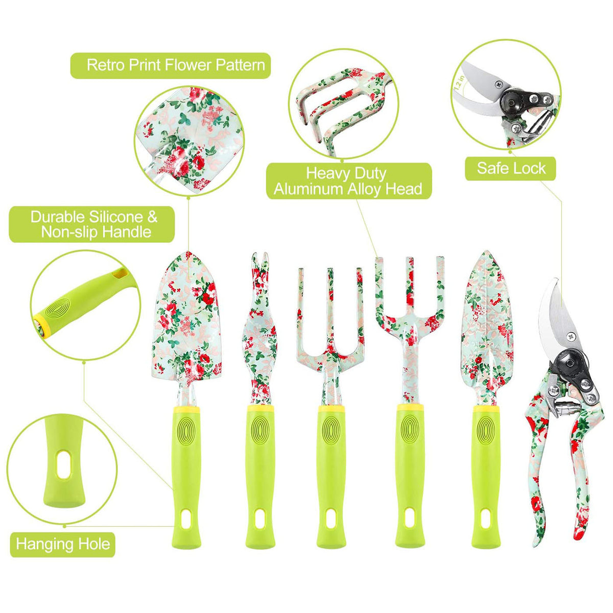 Green 9-Piece Floral Garden Tool Set | Gardening Kit with Tote Bag | Pruners & Gloves Included