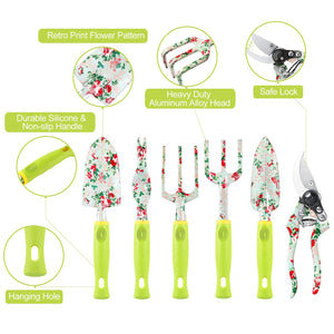 Green 9-Piece Floral Garden Tool Set | Gardening Kit with Tote Bag | Pruners & Gloves Included