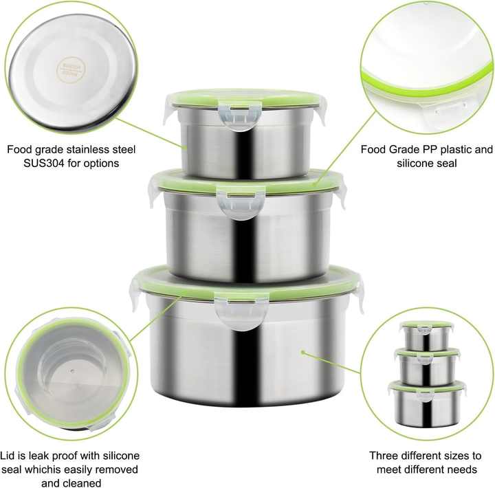 Brown 3-Piece Stainless Steel Food Storage Set | 304 Grade | Leak-Proof Lids | Round Design for Meal Prep