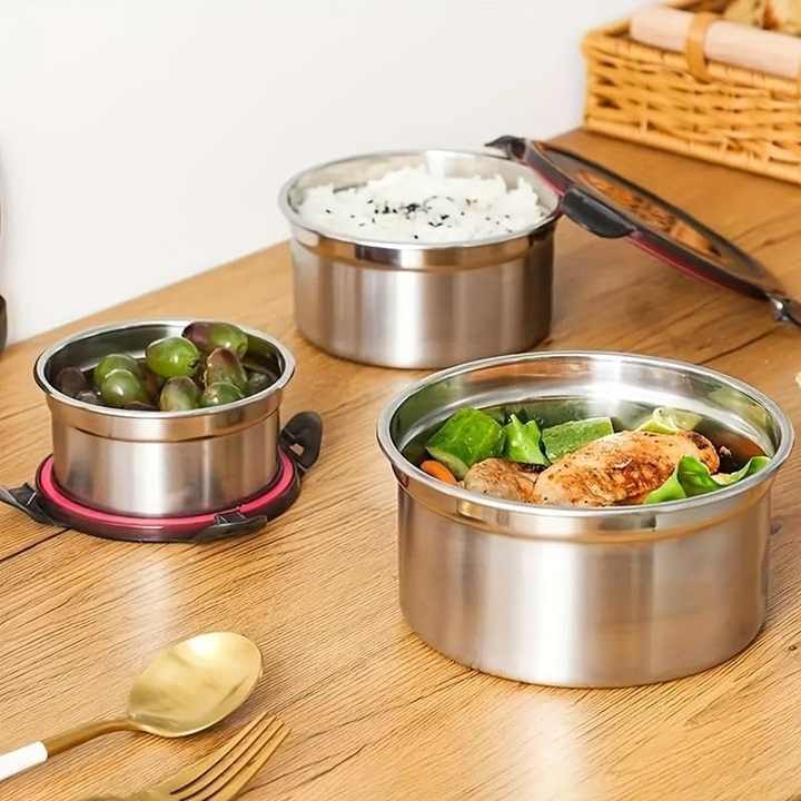 Brown 3-Piece Stainless Steel Food Storage Set | 304 Grade | Leak-Proof Lids | Round Design for Meal Prep