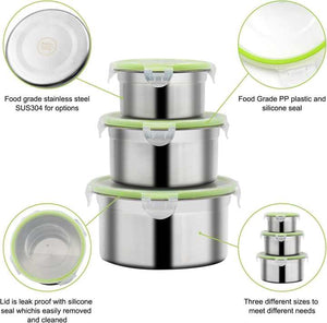Green 3-Piece Stainless Steel Food Storage Set | 304 Grade | Leak-Proof Lids | Round Design for Meal Prep