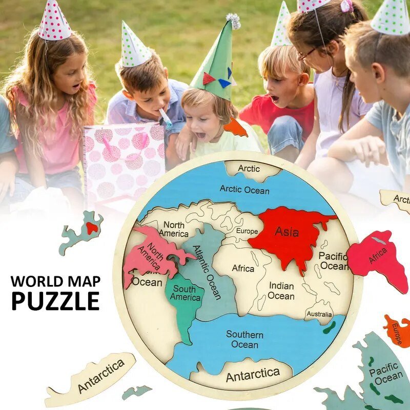 Colorful Wooden World Map Puzzle | 7 Continents Educational Geography Toy for Kids