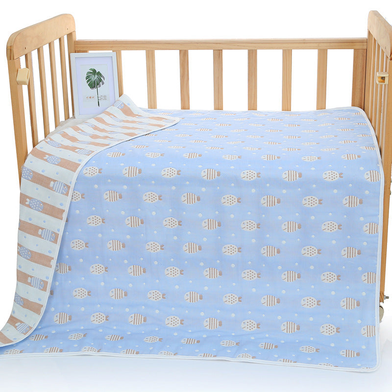Blue Fish 6-Layer Muslin Baby Blanket | Soft Cotton Bedding | 110x110cm | Infants & Toddlers
