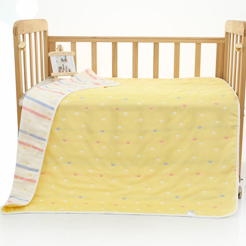 Yellow Love Heart 6-Layer Muslin Baby Blanket | Soft Cotton Bedding | 110x110cm | Infants & Toddlers