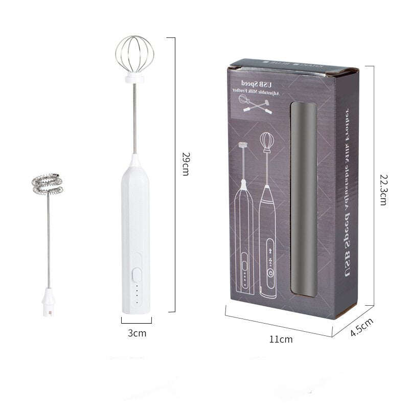 White Electric Milk Frother Handheld | USB Rechargeable Milk Foamer with 2 Whisks | Perfect for Coffee, Lattes & Cappuccinos