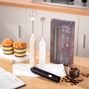 White Electric Milk Frother Handheld | USB Rechargeable Milk Foamer with 2 Whisks | Perfect for Coffee, Lattes & Cappuccinos