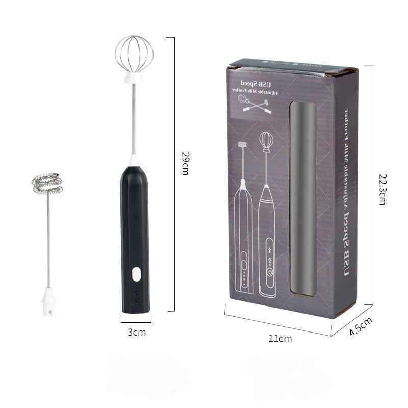 Black Electric Milk Frother Handheld | USB Rechargeable Milk Foamer with 2 Whisks | Perfect for Coffee, Lattes & Cappuccinos