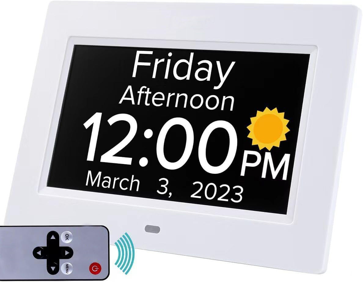 White Crystal Clear Day Clock | 7-Inch | Auto Dimming | Voice Assist | Senior-Friendly Design