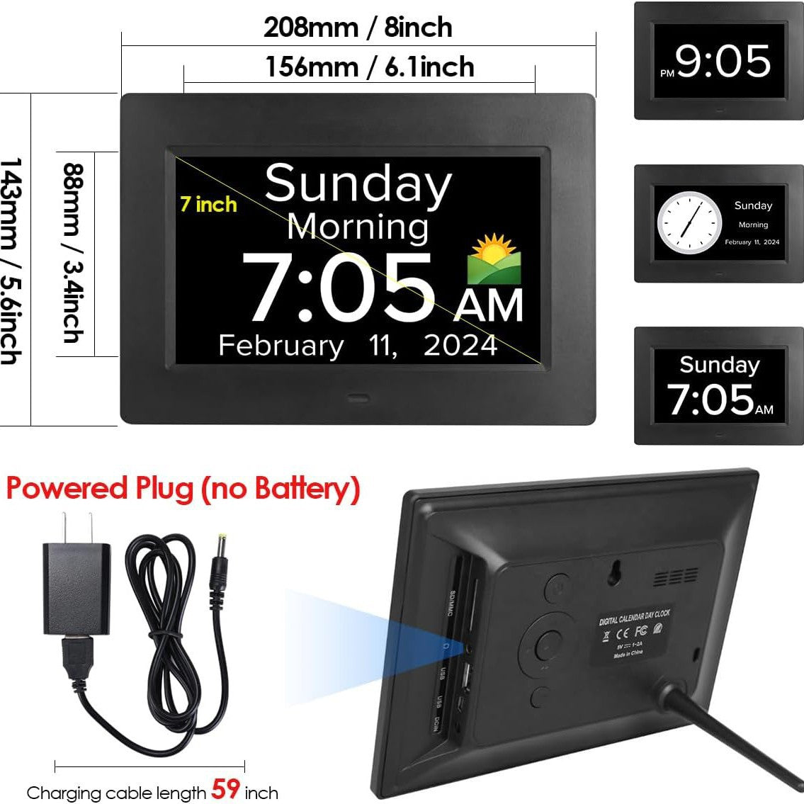 White Crystal Clear Day Clock | 7-Inch | Auto Dimming | Voice Assist | Senior-Friendly Design