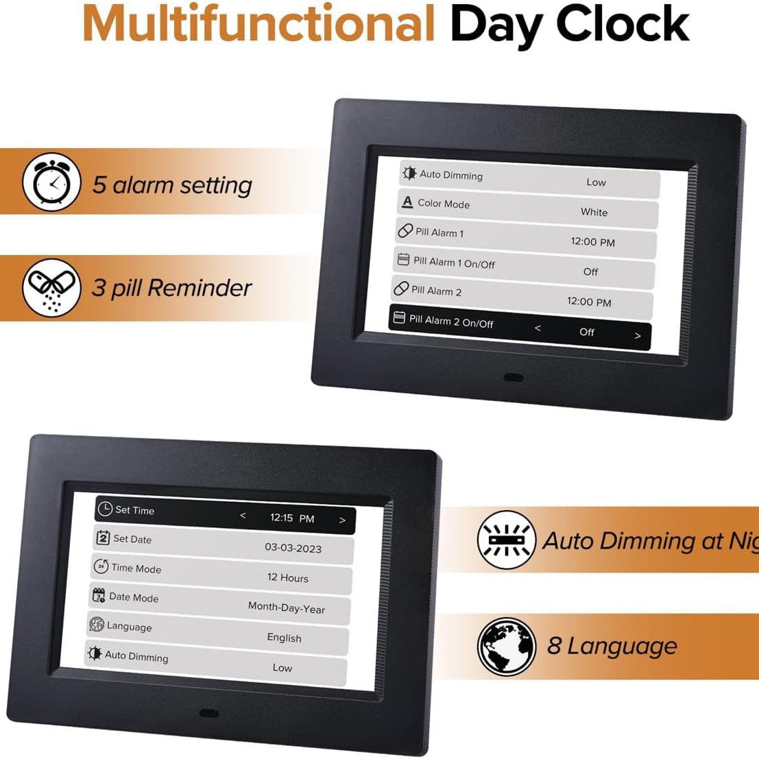 White Crystal Clear Day Clock | 7-Inch | Auto Dimming | Voice Assist | Senior-Friendly Design