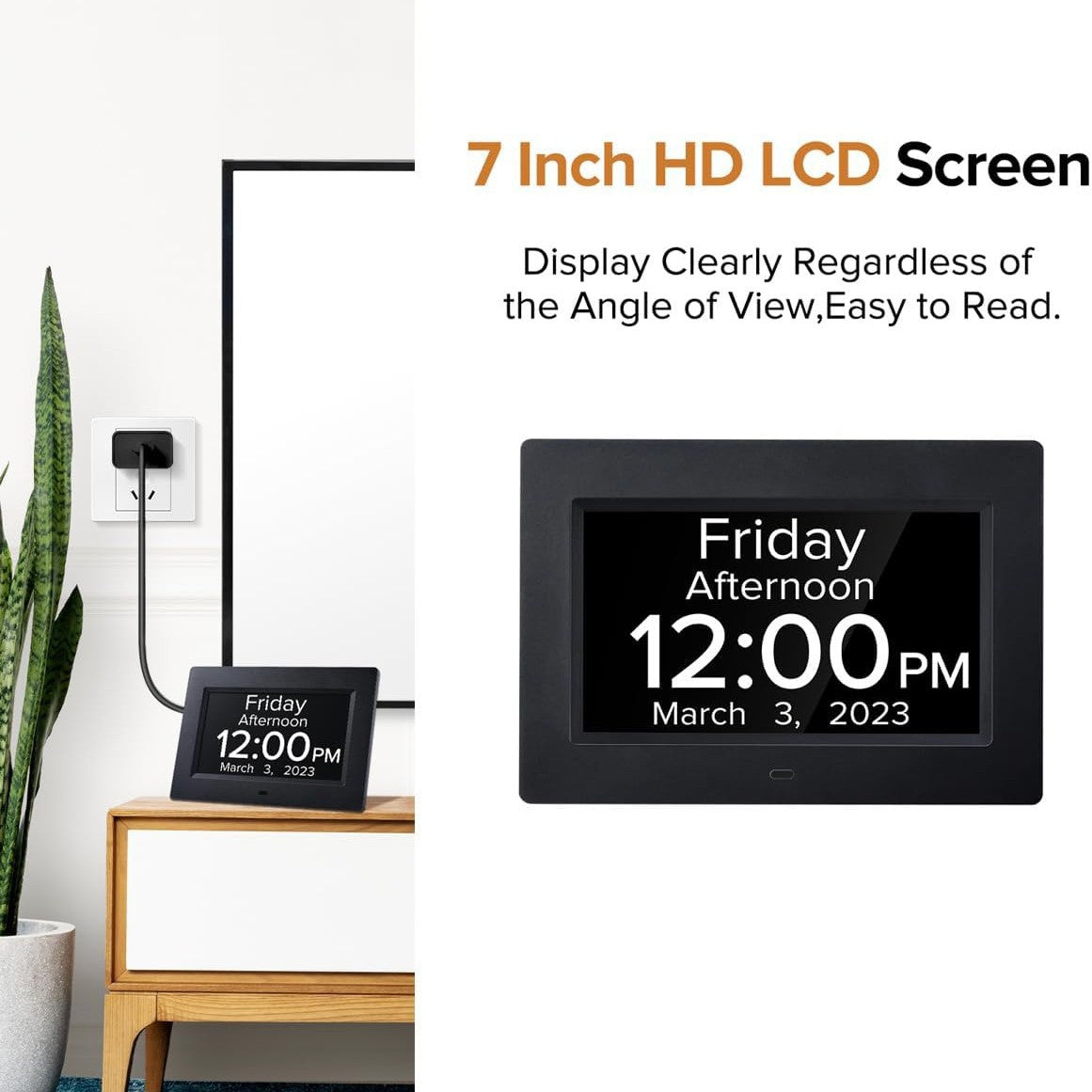 Black Crystal Clear Day Clock | 7-Inch | Auto Dimming | Voice Assist | Ideal for Seniors