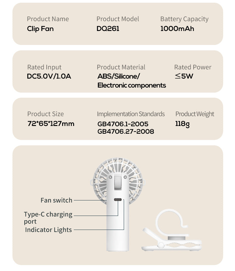 Multifunction Clip Fan | White | DQ261 | USB Rechargeable | 1000mAh | 3-Speed
