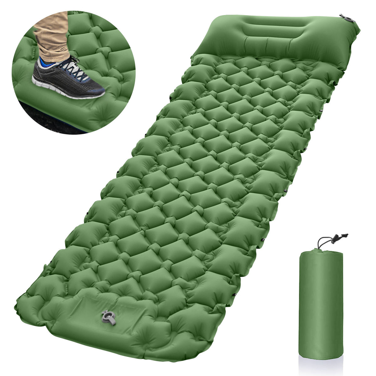 Outdoor Inflatable Mat | Portable | Foot Pump Sleeping Pad | Camping | Green