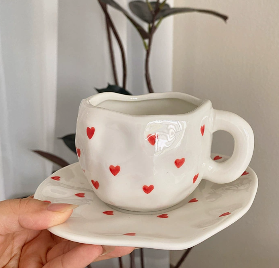 White Background Little Heart 300ML Underglaze Hand-Pinched Cup & Saucer Set | Ceramic Coffee Mug | Milk Cup | Breakfast Set