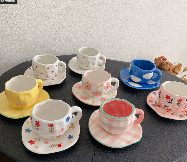 White Background Little Heart 300ML Underglaze Hand-Pinched Cup & Saucer Set | Ceramic Coffee Mug | Milk Cup | Breakfast Set