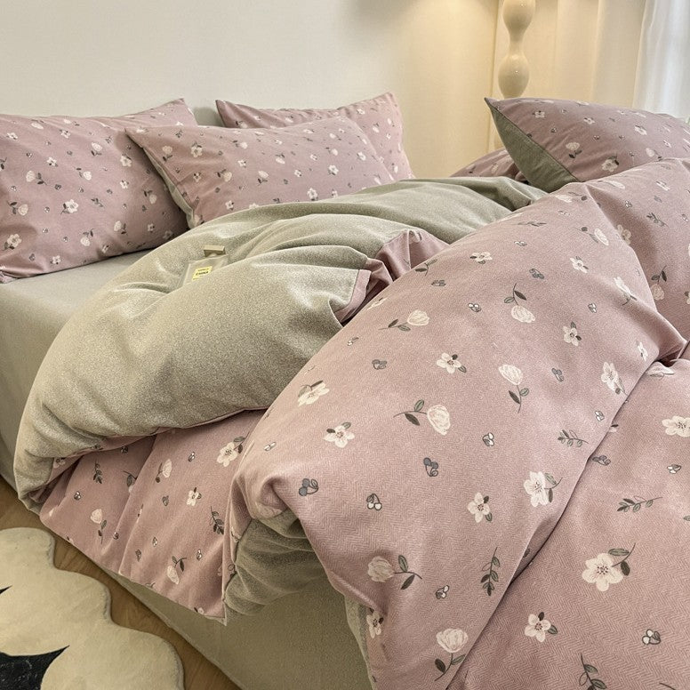 Pink-Grey Bed Sheet Set | Thick Brushed Cotton | 4-Piece | 1.5m Bed | Soft Touch | 200x230cm Duvet