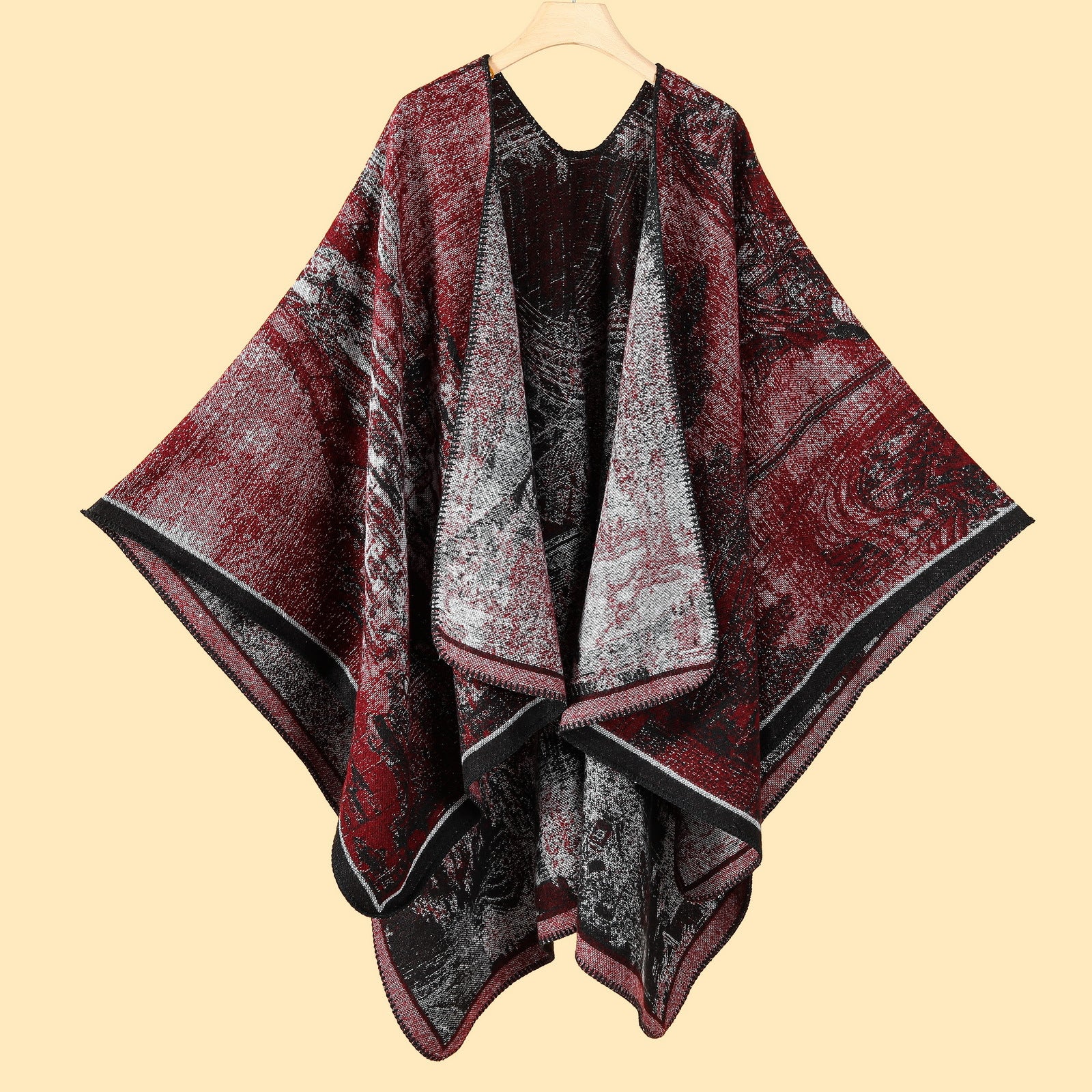 Jiangnan Waterfront Black Red Elegant Autumn Winter Shawl | Artistic Split-Design Knit Cloak | Oil Painting Style