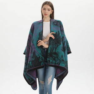 Jiangnan Waterfront Black Red Elegant Autumn Winter Shawl | Artistic Split-Design Knit Cloak | Oil Painting Style