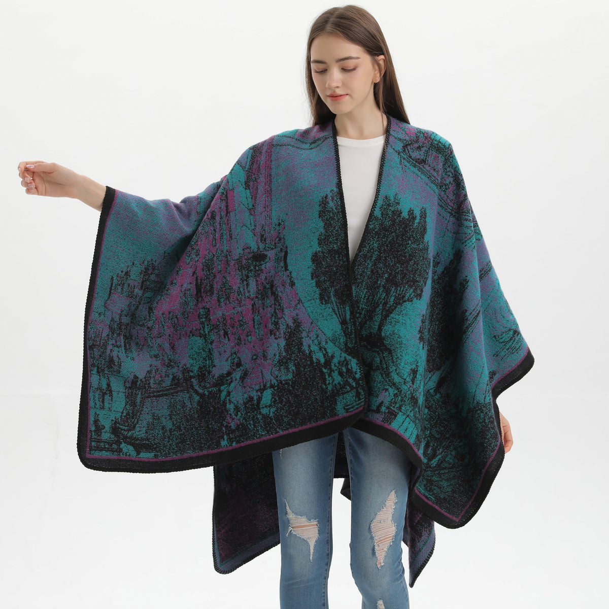 Jiangnan Waterfront Black Red Elegant Autumn Winter Shawl | Artistic Split-Design Knit Cloak | Oil Painting Style