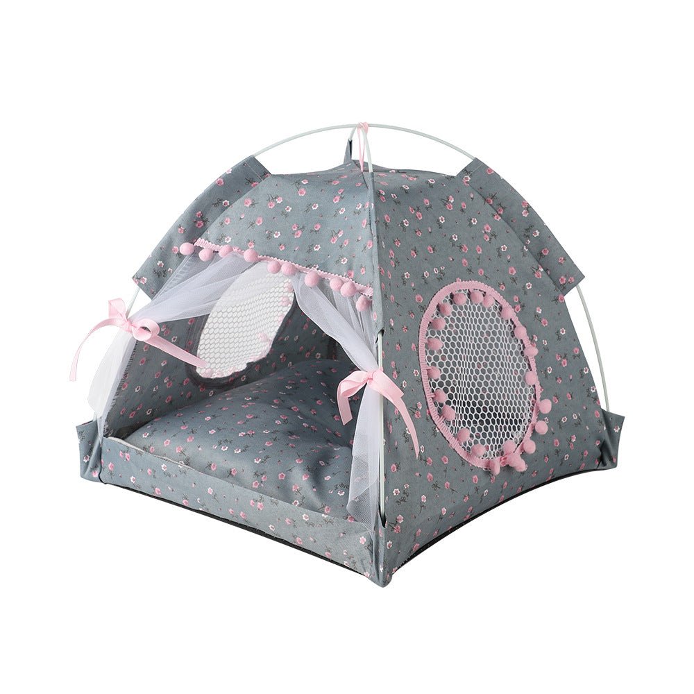 Gray Floral Portable Folding Pet Tent | Summer Cat & Dog Shelter with Mesh Window | Lightweight & Breathable | Ideal for Travel & Home Use | 40x40x35CM